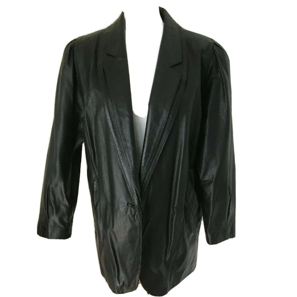Vintage Leather Jacket Womens Medium Tip Top Black Shoulder Pads 80s USA Made